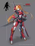  1girl android armor commentary_request english_commentary frown full_body grey_background hand_on_hilt highres horns humanoid_robot joints long_hair orange_hair original piston red_eyes robot_joints solo standing sword twintails ushas weapon weapon_on_back 