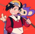  +++ 1boy aipom backpack backwards_hat bag bangs black_hair commentary_request ethan_(pokemon) goggles goggles_on_headwear grey_bag grin hand_in_pocket hand_up hat highres holding jacket male_focus orange_eyes pokemon pokemon_(creature) pokemon_adventures pokemon_on_arm red_background red_jacket short_hair smile teeth tyako_089 upper_body 