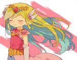  1girl artist_name belt blonde_hair blue_eyes blush closed_eyes dress floating_hair gloves highres jewelry long_hair multicolored_hair necklace pink_dress princess_zelda the_legend_of_zelda the_legend_of_zelda:_spirit_tracks the_legend_of_zelda:_the_wind_waker tiara tokuura 