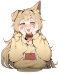  1girl animal_ears blush breasts brown_eyes brown_hair closed_mouth collar dog_ears dog_girl fangs fangs_out highres hood hoodie large_breasts long_hair long_sleeves looking_at_viewer original saru_(monkey_magic3) smile solo tongue tongue_out upper_body 