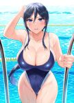  1girl adjusting_hair amearare bangs breasts cameltoe cleavage competition_swimsuit dripping haitekudasai_takamine-san highleg highleg_swimsuit highres large_breasts navel one-piece_swimsuit pool pool_ladder poolside purple_eyes pussy skin_tight skindentation solo swimsuit takamine_takane thick_thighs thighs wedgie wet wet_clothes wet_swimsuit 