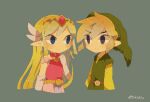  1girl artist_name belt blonde_hair blue_eyes blush dress floating_hair gloves green_headwear jewelry link long_hair multicolored_hair necklace parted_lips pink_dress princess_zelda the_legend_of_zelda the_legend_of_zelda:_spirit_tracks the_legend_of_zelda:_the_wind_waker tokuura toon_link toon_zelda upper_body 