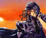  1boy 1other cracked_helmet fate/grand_order fate_(series) hyackban male_focus multicolored_hair odysseus_(fate) power_armor red_hair smile sunset upper_body white_hair yellow_eyes 