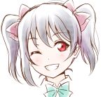  1girl anibache bangs birthday black_hair blush bow bowtie commentary green_bow green_bowtie grin hair_ribbon long_hair looking_at_viewer love_live! love_live!_school_idol_project one_eye_closed portrait red_eyes ribbon sidelocks smile solo twintails white_background yazawa_nico 