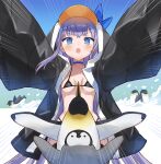  1girl ahase_hino animal_costume animal_hood bikini bird black_bikini blue_bow blue_eyes bow breasts fate/grand_order fate_(series) highres hood hood_up hooded_jacket jacket meltryllis_(fate) meltryllis_(swimsuit_lancer)_(fate) meltryllis_(swimsuit_lancer)_(first_ascension)_(fate) penguin penguin_costume penguin_hood purple_hair sleeves_past_fingers sleeves_past_wrists small_breasts swimsuit wide_sleeves 