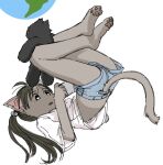  1girl 3yo4yo5yo animal_ears animal_hands ass barefoot between_legs blue_shorts brown_eyes brown_hair cat_ears cat_girl cat_tail cellphone earth_(planet) feet furry furry_female hair_bobbles hair_ornament highres leg_hold legs long_hair lying on_back open_mouth original phone planet shirt short_shorts shorts simple_background smartphone solo stuffed_toy tail thighs top-down_bottom-up twintails white_background white_shirt 