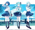  1girl :o arm_up arms_behind_back bangs beach black_footwear blue_eyes blue_hair blue_neckerchief blue_skirt closed_eyes closed_mouth hair_between_eyes hand_up hatsune_miku horizon loafers long_hair looking_away misumi_(macaroni) more_more_jump!_(project_sekai) multiple_views neckerchief ocean parted_lips pleated_skirt project_sekai railroad_crossing railroad_tracks sailor_collar sand school_uniform serafuku shirt shoes short_hair short_sleeves skirt socks twintails very_long_hair water white_sailor_collar white_shirt 