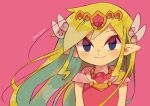  1girl artist_name belt blonde_hair blue_eyes blush dress floating_hair gloves jewelry long_hair looking_at_viewer multicolored_hair necklace pink_dress princess_zelda the_legend_of_zelda the_legend_of_zelda:_spirit_tracks the_legend_of_zelda:_the_wind_waker tiara tokuura 