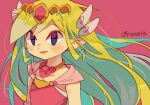  1girl artist_name belt blonde_hair blue_eyes blush dress floating_hair gloves jewelry long_hair looking_at_viewer multicolored_hair necklace pink_dress princess_zelda the_legend_of_zelda the_legend_of_zelda:_spirit_tracks the_legend_of_zelda:_the_wind_waker tiara tokuura 