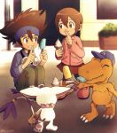  1boy 1girl agumon bangs blue_hairband blue_headwear blue_jacket brother_and_sister brown_eyes brown_hair brown_pants cat cat_tail child colored_skin digimon digimon_(creature) digimon_adventure female_child food goggles goggles_around_neck grin hair_between_eyes hairband happy ice_cream jacket knees_up looking_at_another male_child miniskirt orange_skin outdoors pants pink_jacket pu_lyong red_skirt sharp_teeth shiny shiny_hair siblings skirt smile tail tailmon teeth yagami_hikari yagami_taichi 