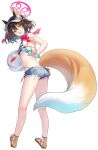  1girl animal_ears ball bare_shoulders beach beachball bikini bikini_under_clothes black_hair blue_archive blue_shorts blush bottle brown_eyes fang fox_ears fox_girl fox_shadow_puppet fox_tail from_behind full_body halo highleg highleg_bikini highres holding holding_ball holding_beachball holding_bottle izuna_(blue_archive) izuna_(swimsuit)_(blue_archive) leaning_forward looking_at_viewer looking_back medium_hair micro_shorts official_alternate_costume one_eye_closed sandals scarf shorts side_ponytail string_bikini swimsuit tail transparent_background 