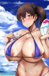  1girl absurdres alternate_costume bikini blue_bikini blue_sky blush bowl breasts brown_eyes brown_hair cloud collarbone day gigantic_breasts hair_between_eyes halter_top halterneck highres holding holding_bowl holding_spoon kaga_(kancolle) kantai_collection large_areolae long_hair maki_ikazuya micro_bikini navel outdoors shaved_ice short_sidetail side_ponytail sky solo spoon swimsuit 