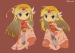  1girl artist_name belt blonde_hair blue_eyes blush dress floating_hair full_body gloves jewelry long_hair multicolored_hair multiple_persona necklace parted_lips pink_dress princess_zelda the_legend_of_zelda the_legend_of_zelda:_spirit_tracks the_legend_of_zelda:_the_wind_waker tokuura 