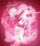  1girl alisaie_leveilleur belt blue_eyes bow braid braided_ponytail crystal_sword elezen elf final_fantasy final_fantasy_xiv flower glowing glowing_sword glowing_weapon goldfishu hair_bow hair_over_one_eye head_tilt highres jacket looking_at_viewer pink_flower pink_rose pointy_ears ponytail red_jacket rose solo sword thighhighs weapon white_hair white_thighhighs 