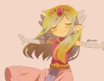  1girl artist_name belt blonde_hair blue_eyes blush closed_eyes dress floating_hair gloves jewelry long_hair multicolored_hair necklace outstretched_arms parted_lips pink_dress princess_zelda the_legend_of_zelda the_legend_of_zelda:_spirit_tracks the_legend_of_zelda:_the_wind_waker tokuura 