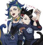  1boy 1girl adaman_(pokemon) animal_ear_fluff animal_ears black_hair blue_coat blue_eyes blue_hair cat_ears cat_tail closed_mouth coat commentary_request diamond_clan_outfit earrings eyelashes green_hair hair_ornament hand_up jewelry mai_(pokemon) mole mole_under_mouth one_eye_closed open_mouth paw_pose paw_print pokemon pokemon_(game) pokemon_legends:_arceus sagemaru-br short_hair smile tail teeth tongue tongue_out upper_teeth white_background 