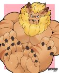  abs anthro bandai_namco blonde_hair claws digimon digimon_(species) ear_piercing ear_ring felid hair hi_res leomon lion male mammal mane muscular muscular_anthro muscular_male nude pantherine pecs piercing ring_piercing schwarzfox solo 