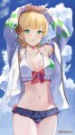  1girl :o adapted_costume arms_up bangs bikini black_bikini blonde_hair bow bow_bikini breasts breasts_apart cloud cloudy_sky collarbone commentary frilled_bikini frills green_eyes hairband hajimari_wa_kimi_no_sora heanna_sumire jacket kitatyoco light_blush long_hair looking_at_viewer love_live! love_live!_superstar!! medium_breasts mismatched_bikini navel open_clothes open_jacket parted_lips red_hairband sidelocks sky solo swimsuit tsurime twitter_username unzipped white_bikini white_jacket 