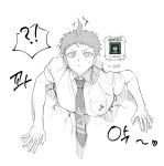  !? 1boy absurdres ahoge badge bangs blush breast_pocket collared_shirt cracked_wall heart highres hinata_hajime looking_at_viewer male_focus necktie pocket shirt short_hair short_sleeves solo sweatdrop through_wall wanted 