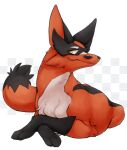  2019 ambiguous_gender black_body black_fur chest_tuft facial_hair feral fur ingi looking_aside lying mustache nintendo on_front pok&eacute;mon pok&eacute;mon_(species) red_body red_fur simple_background solo thievul tuft video_games white_background white_body white_fur yellow_eyes 