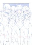  4girls :d :o arm_around_waist ass_visible_through_thighs bangs bikini blue_theme blunt_bangs blush bob_cut bow bow_bikini bowtie braid breasts cameltoe cleft_of_venus collared_shirt commentary crop_top delicious_party_precure front-tie_top fuwa_kokone grin groin hair_ornament hair_over_shoulder hairclip hanamichi_ran hand_on_another&#039;s_hip hand_on_hip highleg highleg_bikini highres holding_hands kasai_amane long_hair looking_at_viewer miyagoe_yoshitsuki monochrome multiple_girls nagomi_yui navel necktie nipples no_pants o-ring o-ring_bikini open_mouth outside_border parted_lips precure shirt short_hair short_sleeves side-by-side side-tie_bikini small_breasts smile spot_color standing swimsuit twin_braids v 