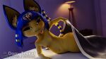  3d_(artwork) animal_crossing ankha_(animal_crossing) anthro bed bed_sheet bedding bedroom_eyes breasts digital_media_(artwork) domestic_cat egyptian felid feline felis female fur furniture hi_res inner_ear_fluff looking_at_viewer mammal narrowed_eyes navel nintendo nipples nude on_bed sashacakes seductive small_breasts smile solo thick_thighs tuft under_covers video_games yellow_body yellow_fur 