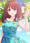  1girl :d bangs blue_dress blue_eyes blue_sky blush breasts brown_hair clip_studio_paint_(medium) cloud cloudy_sky commentary_request day dress food frilled_dress frills fruit hand_up highres lemon lemon_print long_hair looking_at_viewer misaki_(misaki86) original outdoors print_dress sky sleeveless sleeveless_dress small_breasts smile solo teeth upper_teeth 