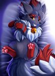  2022 absurd_res bed_sheet bedding bell feral fur fur_markings grin hi_res male markings mischievous mischievous_smile nintendo pok&eacute;mon pok&eacute;mon_(species) pridark signature smile solo striped_body striped_fur stripes underpaw video_games zorua 