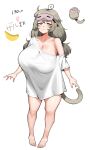  1girl :3 ahoge banana bangs barefoot behind_ear blush breasts bright_pupils cleavage collarbone eye_mask feet food fruit full_body grey_hair grey_tail half-closed_eyes heart height highres huge_breasts long_hair looking_at_viewer low-tied_long_hair mask mask_on_head messy_hair monkey monkey_tail off_shoulder original oversized_clothes oversized_shirt pen red_eyes saru_(monkey_magic3) shirt simple_background single_bare_shoulder solo standing swirl t-shirt tail thighs toes translation_request twintails venus_symbol white_background white_pupils white_shirt 