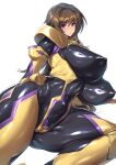  1girl absurdres black_bodysuit bodysuit breasts brown_hair cameltoe covered_navel covered_nipples fortified_suit highres impossible_bodysuit impossible_clothes long_hair looking_at_viewer muvluv muvluv_alternative muvluv_total_eclipse pilot_suit purple_eyes shiny shiny_clothes shiny_hair shiny_skin simple_background skin_tight solo takamura_yui thirty_8ght white_background 