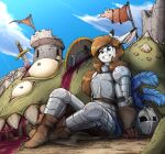  aleanora anthro armor armorbun blood bodily_fluids brown_hair clothed clothing female grin hair headgear helmet hi_res lagomorph leporid long_hair mammal melee_weapon monster one_eye_closed otakuap rabbit scar shield sitting smile solo sword teeth weapon 