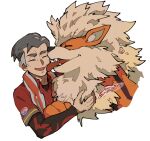  1boy :d arcanine closed_eyes collared_shirt commentary_request dog grey_hair kabu_(pokemon) licking licking_another&#039;s_face lower_teeth male_focus multicolored_hair open_mouth pokemon pokemon_(creature) pokemon_(game) pokemon_swsh sagemaru-br shirt short_sleeves signature smile teeth towel towel_around_neck two-tone_hair 