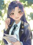  1girl absurdres blazer blue_hair blue_jacket blush earphones head_tilt highres holding holding_paper idolmaster idolmaster_(classic) idolmaster_million_live! jacket kisaragi_chihaya long_hair looking_at_viewer necktie paper shirt shunka_tunacan single_earphone_removed smile solo straight_hair striped_necktie upper_body very_long_hair white_shirt 