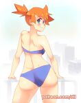  1girl ass bare_shoulders bikini blue_bikini blue_eyes blush breasts closed_mouth english_commentary looking_at_viewer misty_(pokemon) orange_hair patreon_username pokemon pokemon_(anime) pokemon_(classic_anime) pokemon_(game) pokemon_rgby rtil short_hair side_ponytail smile solo strapless strapless_swimsuit swimsuit 