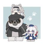  1boy 1girl 2girls animal_ears arknights aurora_(arknights) bag bangs bear_ears black_headwear black_jacket blue_eyes blue_headwear blue_necktie blush blush_stickers chibi commentary_request dress expressionless full_body gopnik_(arknights) grey_hair hair_between_eyes hairband hat heterochromia highres jacket long_hair long_sleeves looking_at_viewer multicolored_hair multiple_girls necktie open_clothes purple_eyes rosa_(arknights) someyaya white_hair 