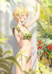 1girl ameyame arm_up bangs bare_arms bikini blonde_hair blush breasts cleavage closed_eyes flower from_side green_bikini highres holding holding_shower_head large_breasts navel open_mouth original outdoors short_hair shower_head showering side-tie_bikini solo swimsuit wet 