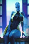  3d_(artwork) absurd_res alien alien_humanoid big_breasts blender_(software) blue_body blue_skin breasts digital_media_(artwork) foreskin fugtrup genitals gynomorph hi_res humanoid intersex liara_t&#039;soni looking_at_viewer mass_effect nipples not_furry penis solo video_games 