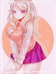  1girl akamatsu_kaede bangs blonde_hair blush breasts collared_shirt contrapposto cowboy_shot danganronpa_(series) danganronpa_v3:_killing_harmony grey_shirt hair_ornament highres kaeru_no_ko large_breasts leaning_forward looking_at_viewer musical_note musical_note_hair_ornament necktie orange_background orange_necktie own_hands_together pink_eyes pink_skirt pink_vest pleated_skirt shirt skirt smile solo striped striped_background vest 