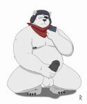  2022 anthro armor belly big_belly blush cellphone epic_games eye_patch eyewear fortnite genitals headgear helmet hi_res humanoid_genitalia humanoid_hands humanoid_penis male mammal masturbation moobs nipples overweight overweight_male penis phone polar_bear polar_patroller ragnadope simple_background smartphone solo ursid ursine video_games white_body 