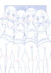  4girls :d :o arm_around_waist ass_visible_through_thighs bangs blue_theme blunt_bangs blush bob_cut braid breasts cleft_of_venus collared_shirt commentary crop_top delicious_party_precure front-tie_top fuwa_kokone grin hair_ornament hair_over_shoulder hairclip hanamichi_ran hand_on_another&#039;s_hip hand_on_hip highres holding_hands kasai_amane long_hair looking_at_viewer microskirt miyagoe_yoshitsuki monochrome multiple_girls nagomi_yui navel nipples no_panties open_mouth outside_border parted_lips pleated_skirt precure shirt short_hair short_sleeves side-by-side skirt small_breasts smile spot_color standing twin_braids v 