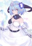  1girl amano_haruka_(sakogamitokuan) blue_hair breasts cleavage dress flower gauntlets hair_flower hair_ornament highres horns medium_breasts medium_hair pointy_ears purple_eyes shadowverse skirt_hold snowflake_background solo white_dress whitefrost_dragonewt_filene 