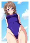  1girl arms_behind_back ass_visible_through_thighs blue_eyes blue_sky blue_swimsuit blush border breasts brown_hair cloud cloudy_sky competition_swimsuit from_below hair_between_eyes highres looking_at_viewer looking_down love_live! love_live!_sunshine!! medium_hair one-piece_swimsuit outdoors short_hair sky small_breasts solo standing swimsuit syakegohan3 watanabe_you white_border 