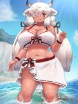  1girl :d arm_at_side bangs beach belly bikini black_horns breasts brown_eyes cleavage collarbone curvy day dripping extra_ears feet_out_of_frame grey_horns hair_over_one_eye hair_ribbon hand_up highres horns huge_breasts kemono_friends legs_apart long_bangs long_hair looking_at_viewer mo23 multicolored_horns navel ocean open_mouth outdoors ox_ears ox_girl ox_horns ribbon sand sarong sidelocks smile solo standing stomach swimsuit tail tan twintails underboob very_long_hair wading water wet white_hair yak_(kemono_friends) 
