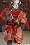  5_toes anthro asian_clothing canid canine canis clothing east_asian_clothing feet fundoshi hi_res japanese_clothing kanji lifewonders male mammal scarf solo tadatomo toes tokyo_afterschool_summoners underwear video_games vitzeal wolf 