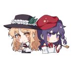  2girls bare_shoulders black_headwear black_vest blonde_hair blush bow bowtie cabbie_hat chibi closed_mouth collared_shirt commentary_request cross flat_cap frilled_hat frills hat hat_feather hat_ornament hitte5416 holding holding_cross holding_smoking_pipe jacket_girl_(dipp) label_girl_(dipp) long_sleeves mandarin_collar multiple_girls purple_eyes purple_hair red_bow red_bowtie shirt side_ponytail simple_background smile smoking_pipe star_(symbol) star_hat_ornament touhou vest white_background white_bow white_shirt white_sleeves white_vest wide_sleeves yellow_eyes 