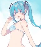  1girl :d absurdres bangs bare_arms bare_shoulders bikini blue_eyes blue_hair blue_nails blush breasts commentary_request from_side hair_between_eyes hand_up hatsune_miku heremia highres long_hair nail_polish small_breasts smile solo striped striped_bikini swimsuit twintails very_long_hair vocaloid 