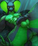  absurd_res anthro balls big_balls big_penis bodily_fluids breasts butt cum cum_on_breasts digital_media_(artwork) flaccid genital_fluids genitals green_body green_eyes hi_res kazarart looking_at_viewer male nipples nude penis reptile scalie simple_background snake solo 