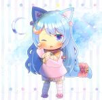  1girl ;o animal animal_ears animal_slippers bell blue_eyes blue_hair bow braid chibi commentary_request commission copyright_request crescent crescent_hair_ornament flower full_body hair_ornament hand_up jingle_bell kou_hiyoyo long_hair long_sleeves looking_at_viewer mushroom_on_head one_eye_closed parted_lips pink_bow pink_footwear pink_shirt puffy_long_sleeves puffy_sleeves rabbit rubbing_eyes shirt short_shorts shorts skeb_commission sleepy sleeves_past_wrists slippers solo star_(symbol) striped striped_background striped_legwear striped_shorts tail tail_bell tail_bow tail_ornament thighhighs vertical-striped_shorts vertical_stripes very_long_hair virtual_youtuber white_flower 