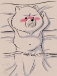  2022 anthro balls bed bedding belly blanket blush canid canine canis corgi_(artist) dogs_in_space domestic_dog furniture genitals jerry_(dogs_in_space) lying male mammal navel penis slightly_chubby solo 