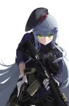  1girl absurdres ammunition_belt assault_rifle bangs beret blue_hair body_armor closed_mouth feet_out_of_frame girls&#039;_frontline gloves green_eyes gun h&amp;k_hk416 hair_ornament hairclip handgun hat highres hk416_(girls&#039;_frontline) holding holding_gun holding_weapon long_hair looking_at_viewer pants purple_shirt rifle serious shirt sleeves_rolled_up solo south_cn standing tactical_clothes teardrop_facial_mark teardrop_tattoo weapon white_background white_gloves 